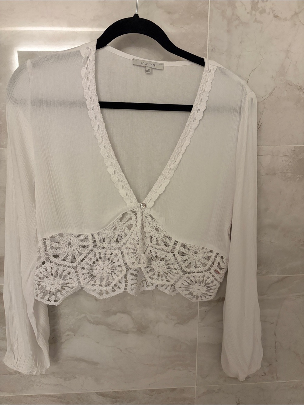 Love Tree White Crochet-Trim Long Sleeve Crop Blouse